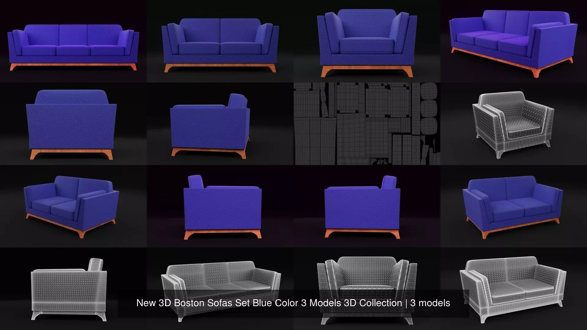 New 3D Boston Sofas Set Blue Color 3 Models 3D Collection _0