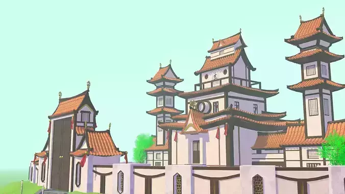 Japanese Anime castle low-poly 3d model unity package VR AR