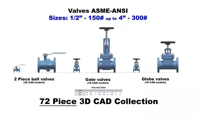 ASME-ANSI Valves Collection - Ball-Gate-Globe valves 3D model