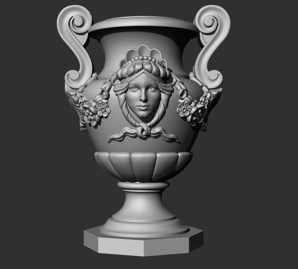 Decorated urn with female head and flower garland 3D model_2