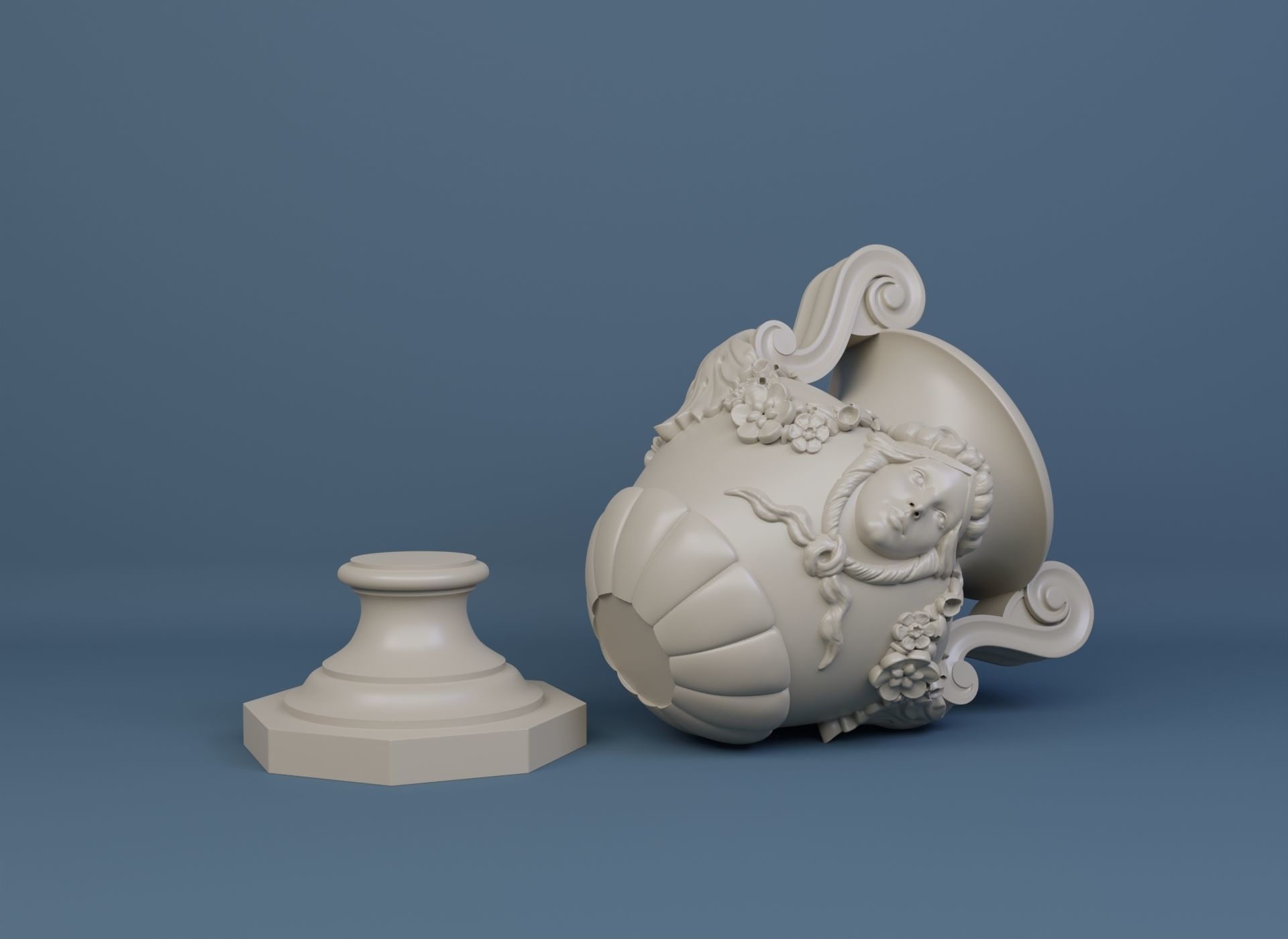Decorated urn with female head and flower garland 3D model_1