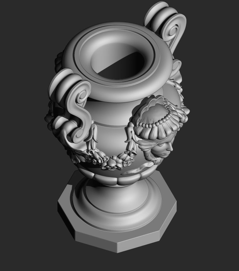 Decorated urn with female head and flower garland 3D model_11