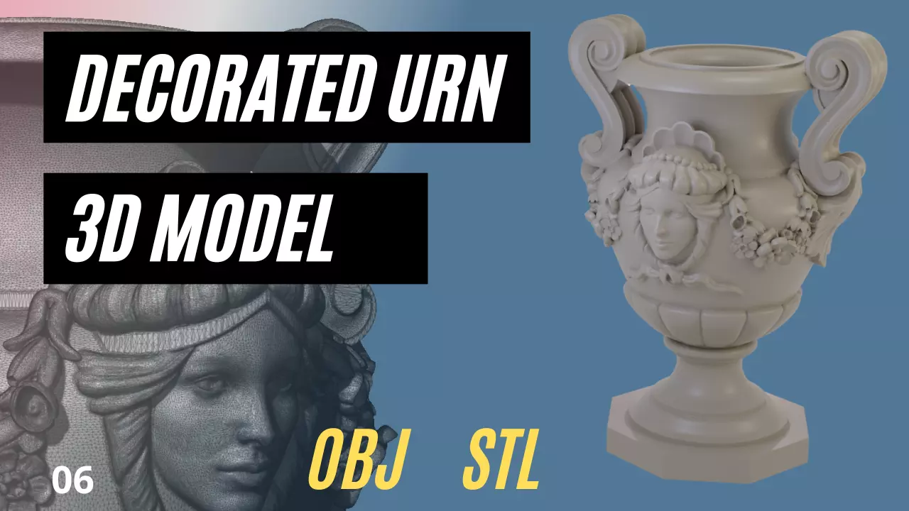 Decorated urn with female head and flower garland 3D model_0