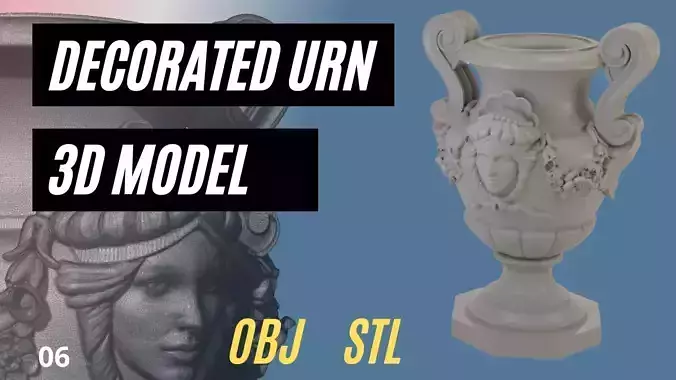 Decorated urn with female head and flower garland 3D model