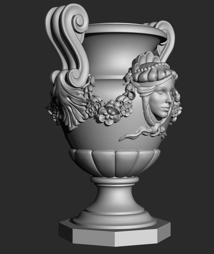 Decorated urn with female head and flower garland 3D model_12