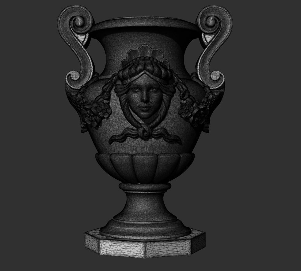 Decorated urn with female head and flower garland 3D model_3