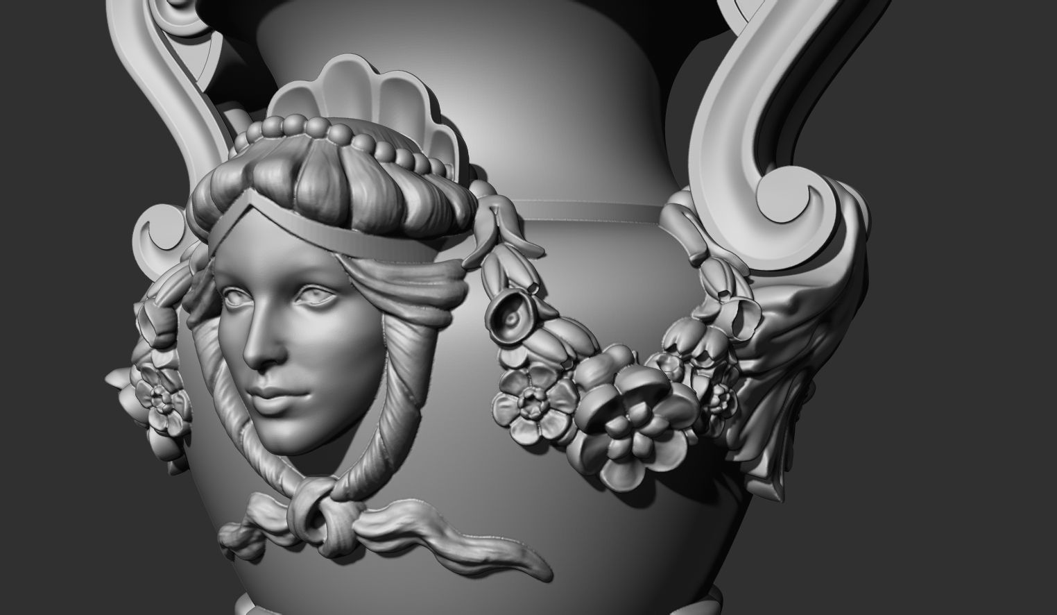 Decorated urn with female head and flower garland 3D model_6