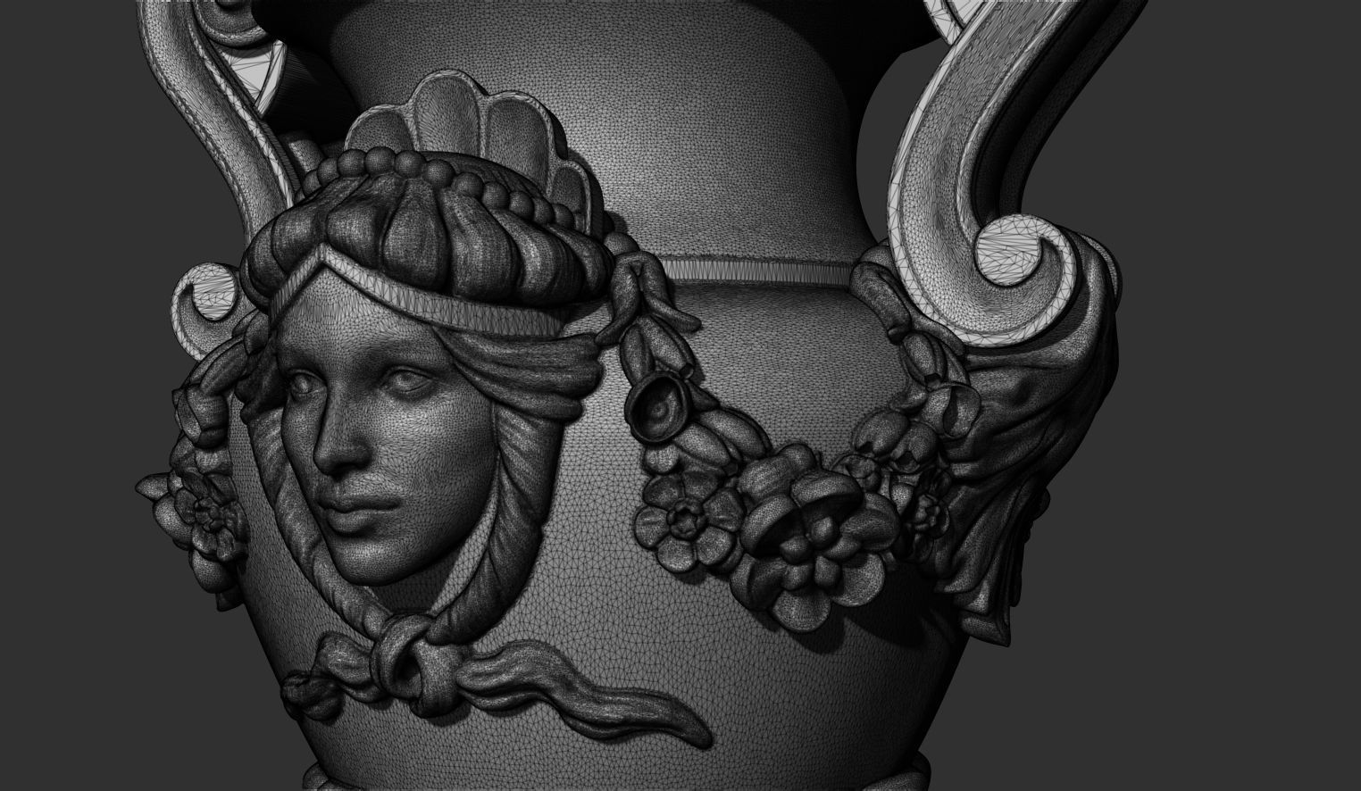 Decorated urn with female head and flower garland 3D model_7