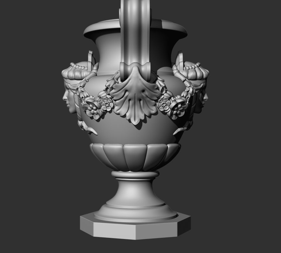 Decorated urn with female head and flower garland 3D model_4