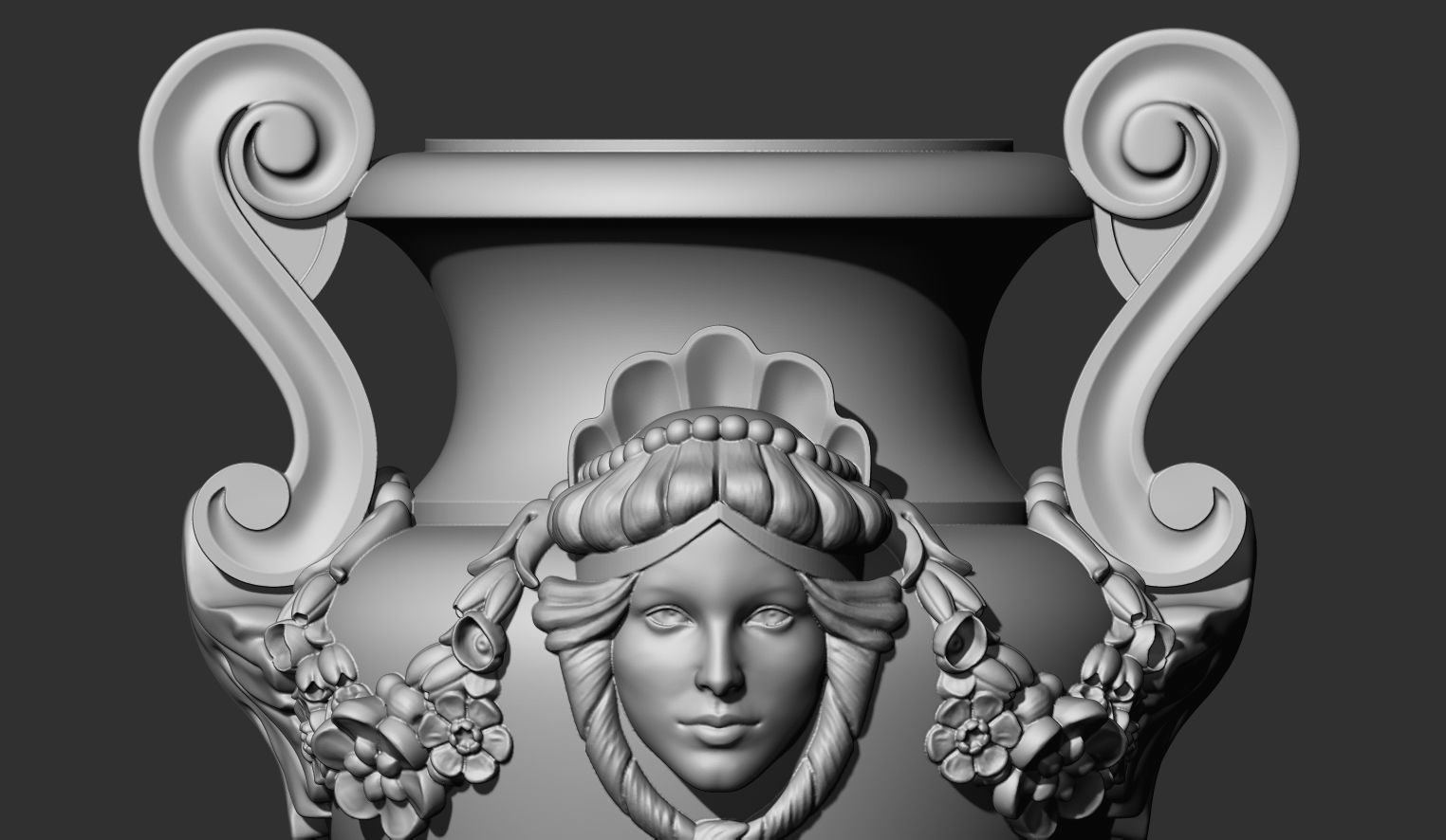 Decorated urn with female head and flower garland 3D model_8