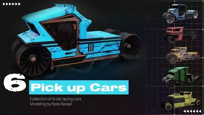 6 Pick up cars Low-poly 3D model