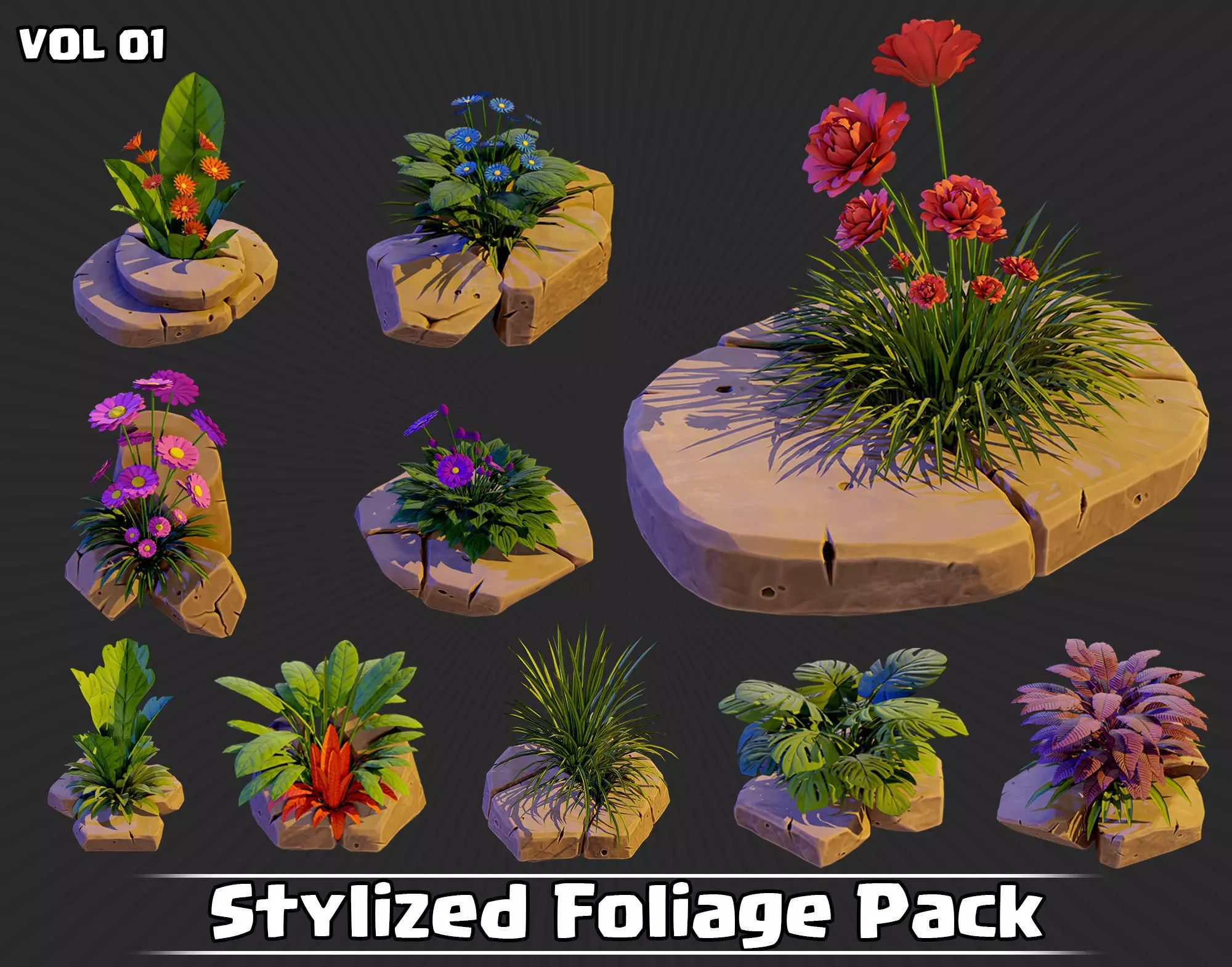 Stylized Foliage Pack Game Ready VOL01 Low-poly 3D model_0