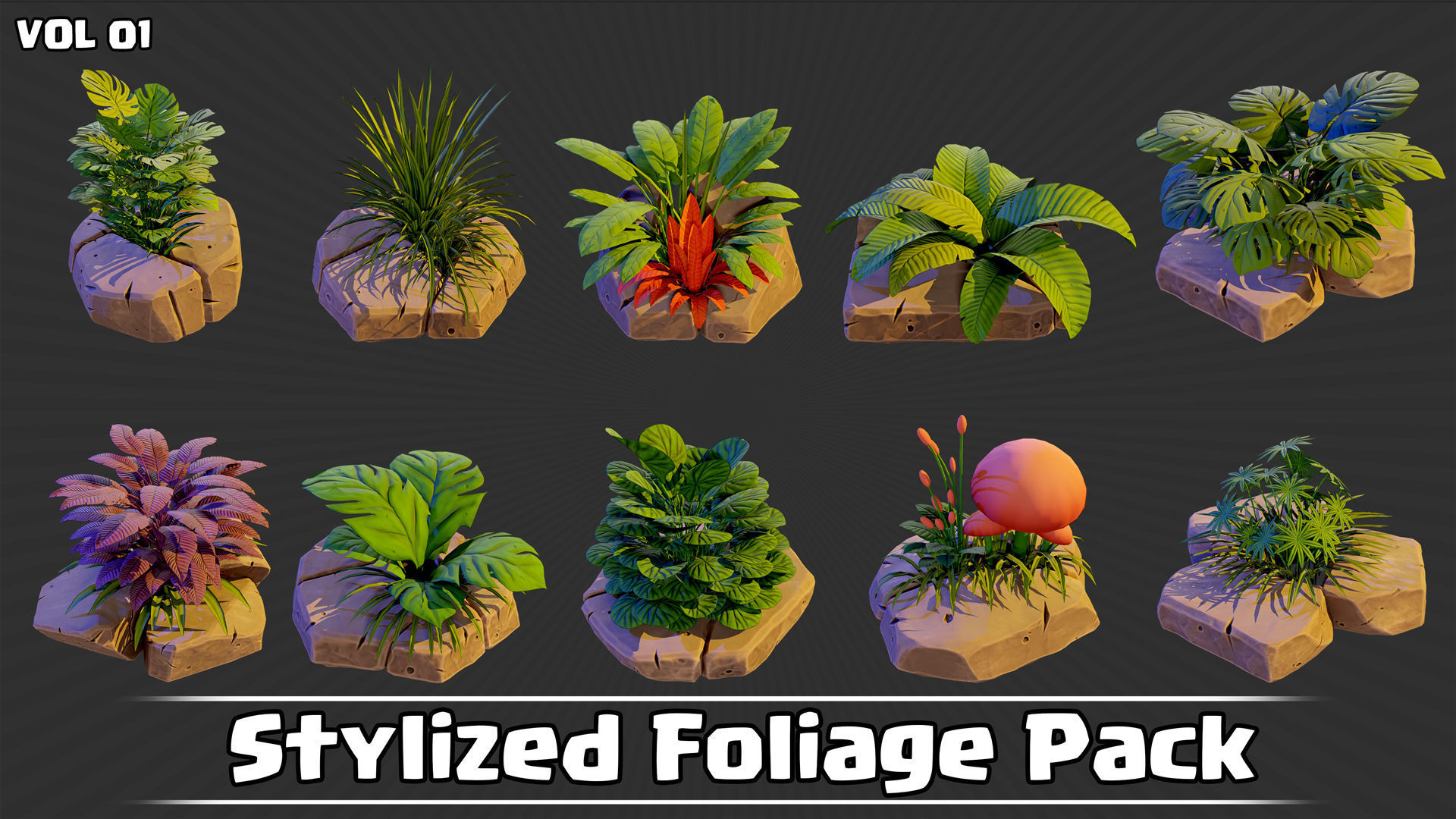 Stylized Foliage Pack Game Ready VOL01 Low-poly 3D model_3