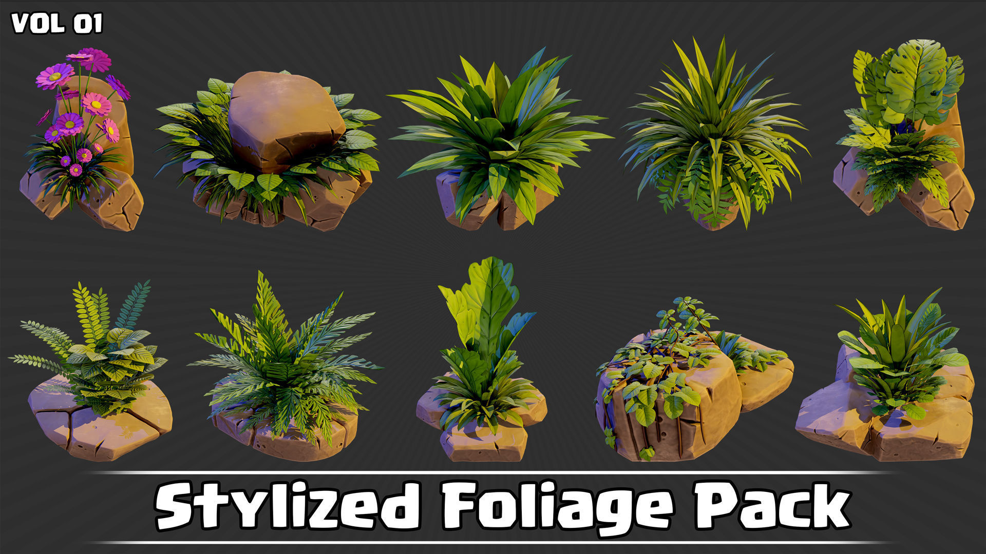 Stylized Foliage Pack Game Ready VOL01 Low-poly 3D model_2