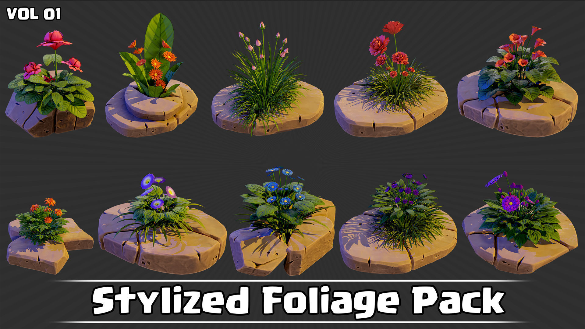 Stylized Foliage Pack Game Ready VOL01 Low-poly 3D model_1