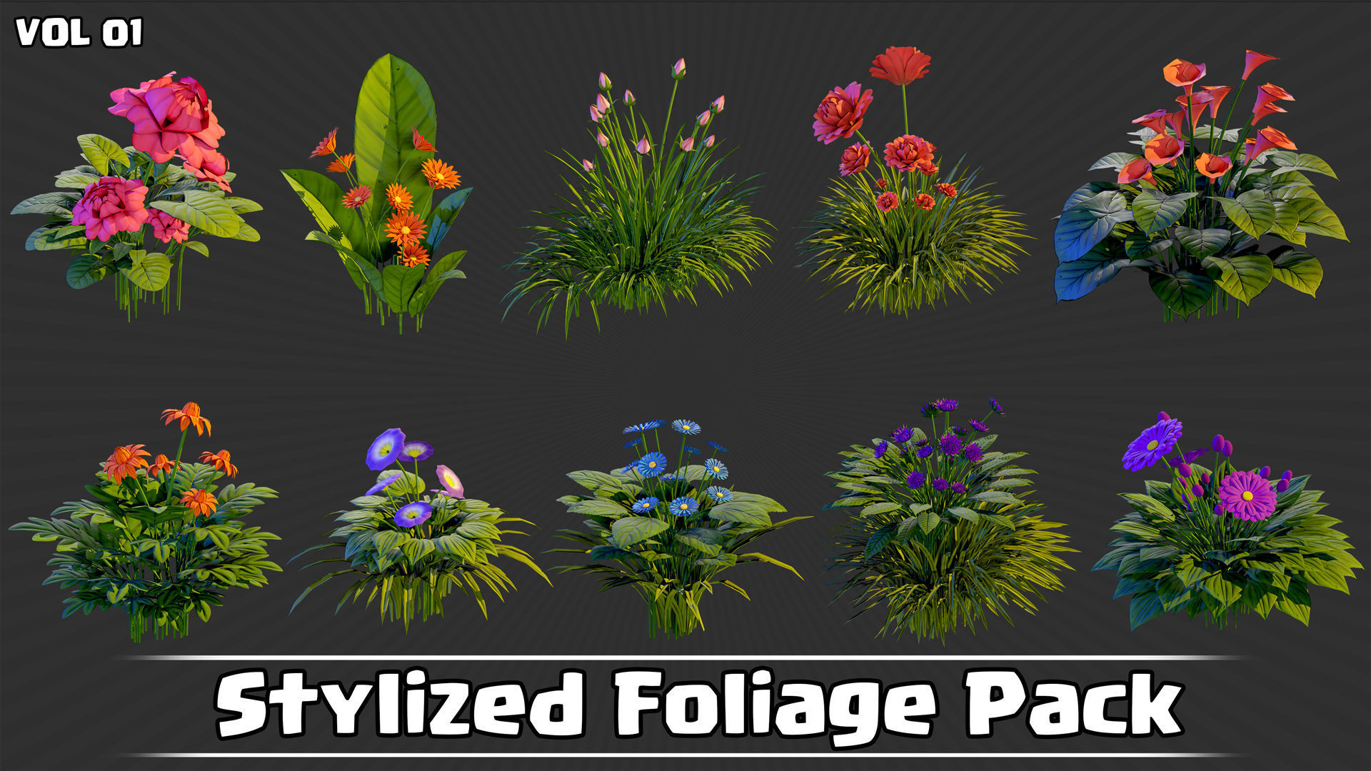 Stylized Foliage Pack Game Ready VOL01 Low-poly 3D model_4