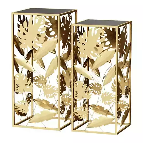 SQUARE COFFEE TABLE WITH GLASS TOP 33X33 CM GOLD BLACK LEAVES