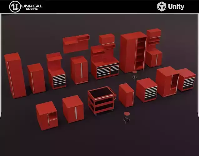 Modular Workshop Cabinets - Closets - Benches with Drawers Pack Low-poly 3D model