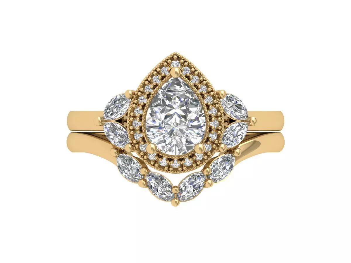 Pear Solitaire Ring Bridal set 3D print model_0