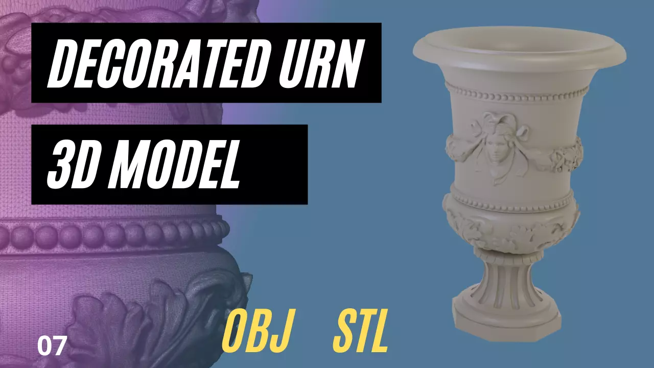 Decorated urn with female head 3D model_0