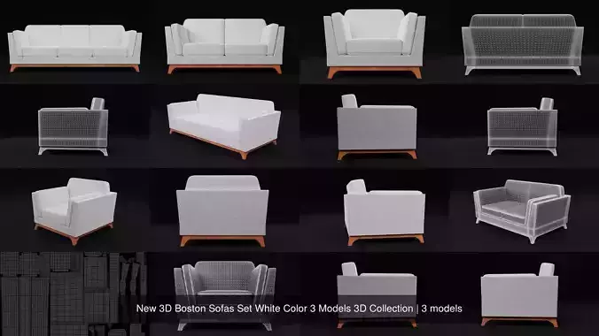 New 3D Boston Sofas Set White Color 3 Models 3D Collection 