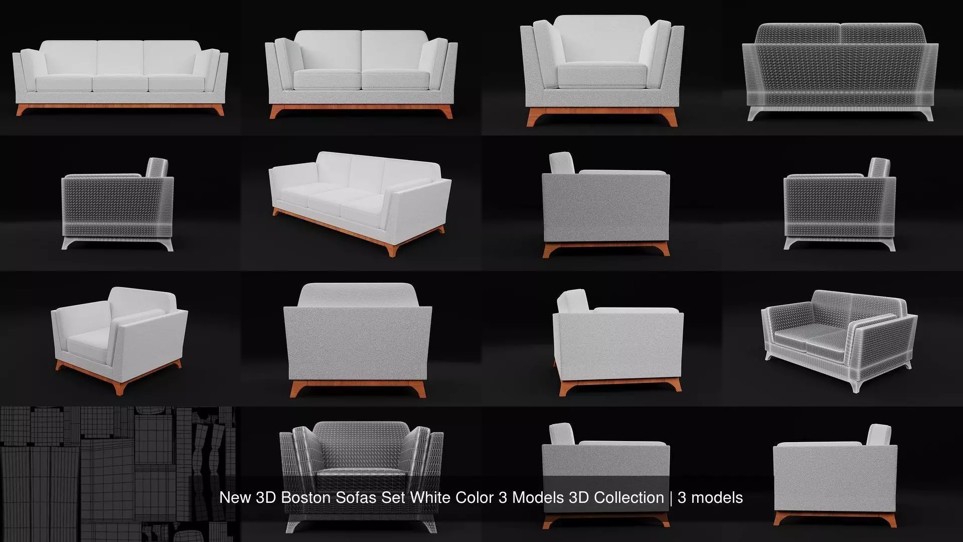 New 3D Boston Sofas Set White Color 3 Models 3D Collection _0