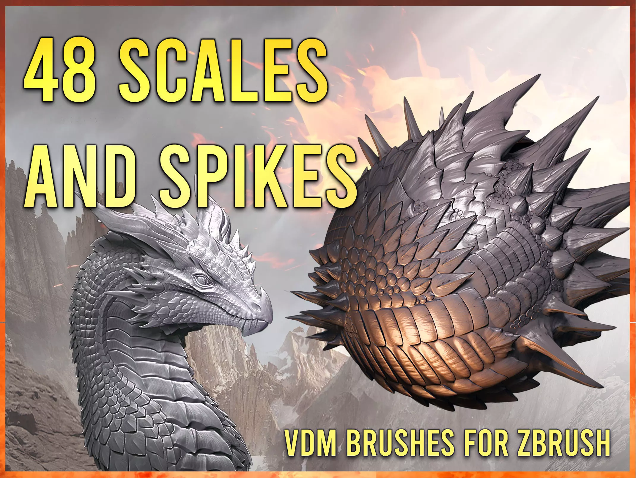 48 Scales and spikes Zbrush brushes for dragons reptiles 3D model_0