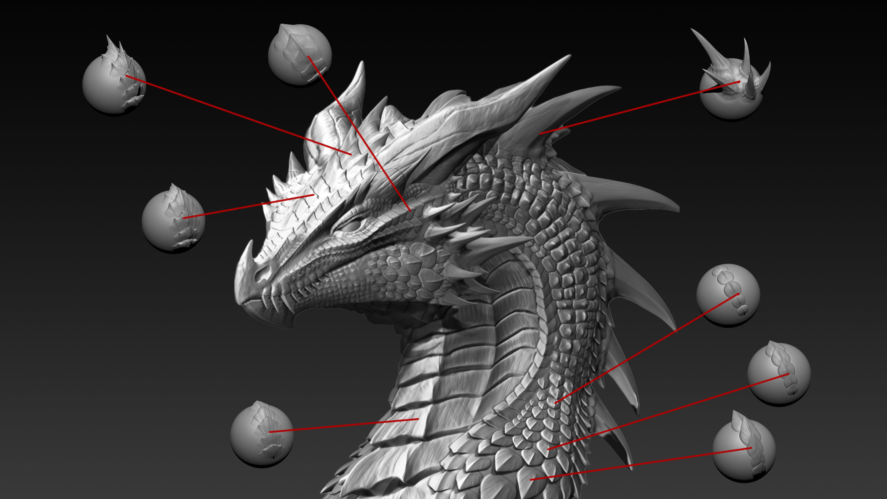48 Scales and spikes Zbrush brushes for dragons reptiles 3D model_2