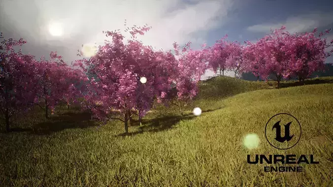 Blossom trees with rolling hill 3d scene Low-poly 3D model