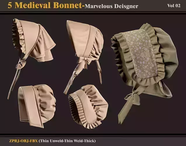 5 Medieval Bonnets -MD-CLo3D -ZPRJ - FBX - OBJ