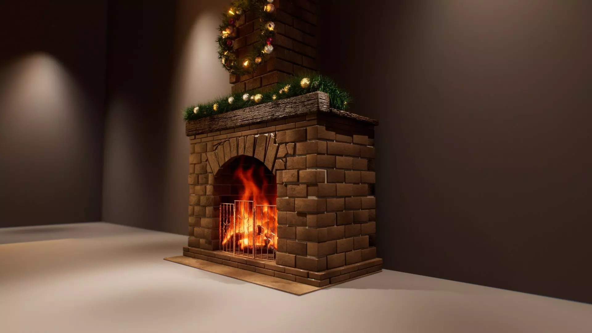 Fireplace with Christmas decorations and PYRO fire VDB 3D model_0