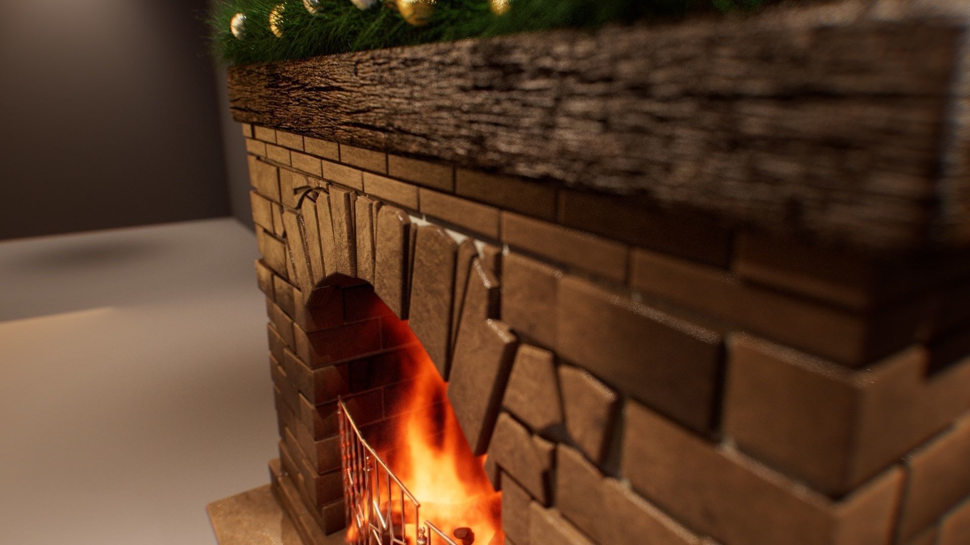 Fireplace with Christmas decorations and PYRO fire VDB 3D model_4