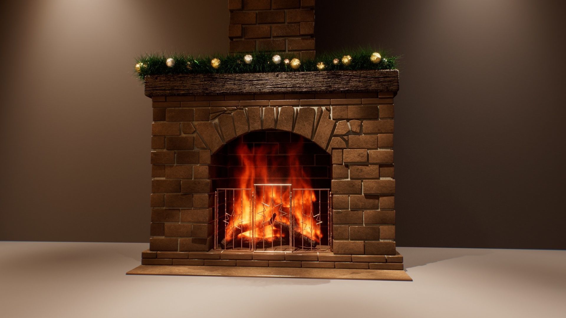 Fireplace with Christmas decorations and PYRO fire VDB 3D model_2