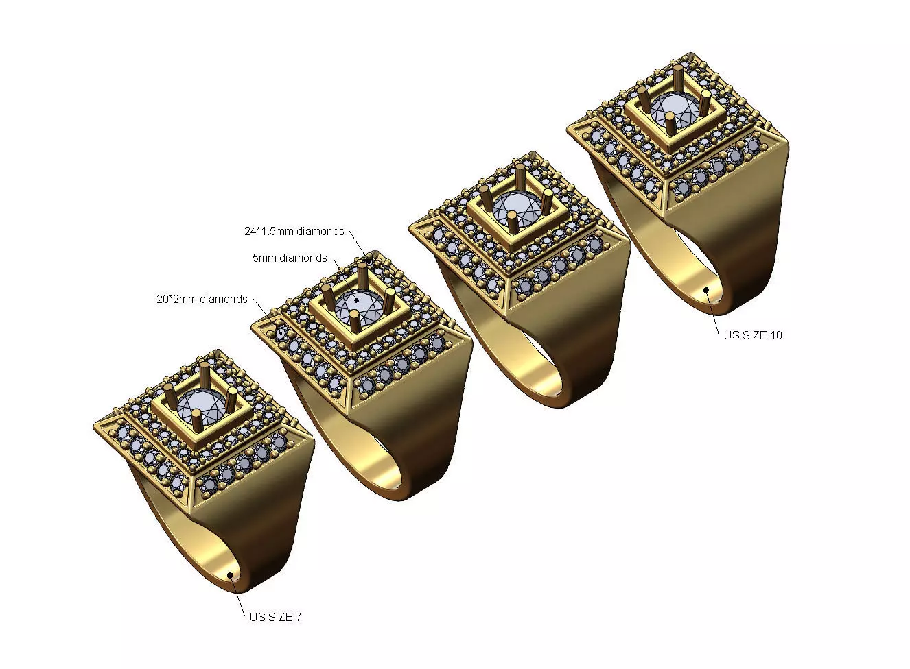 Square diamond cluster 16x16mm signet ring US sizes 7to10 3D print model