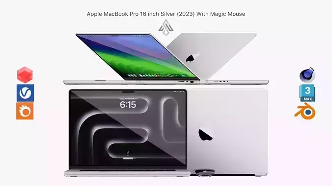Apple MacBook Pro 16 inch Silver 2023 With Magic Mouse 3D model