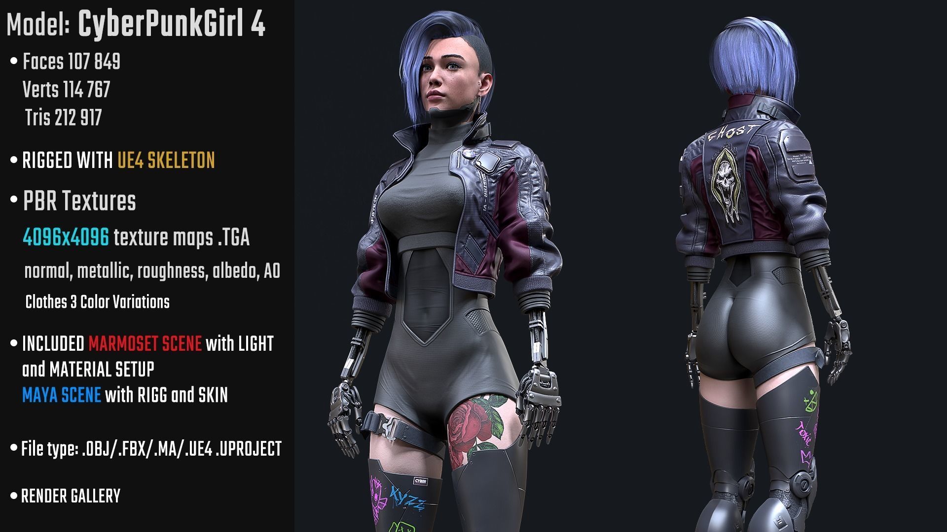 Cyberpunk Girl 4 - Game - Ready Low-poly 3D model_2