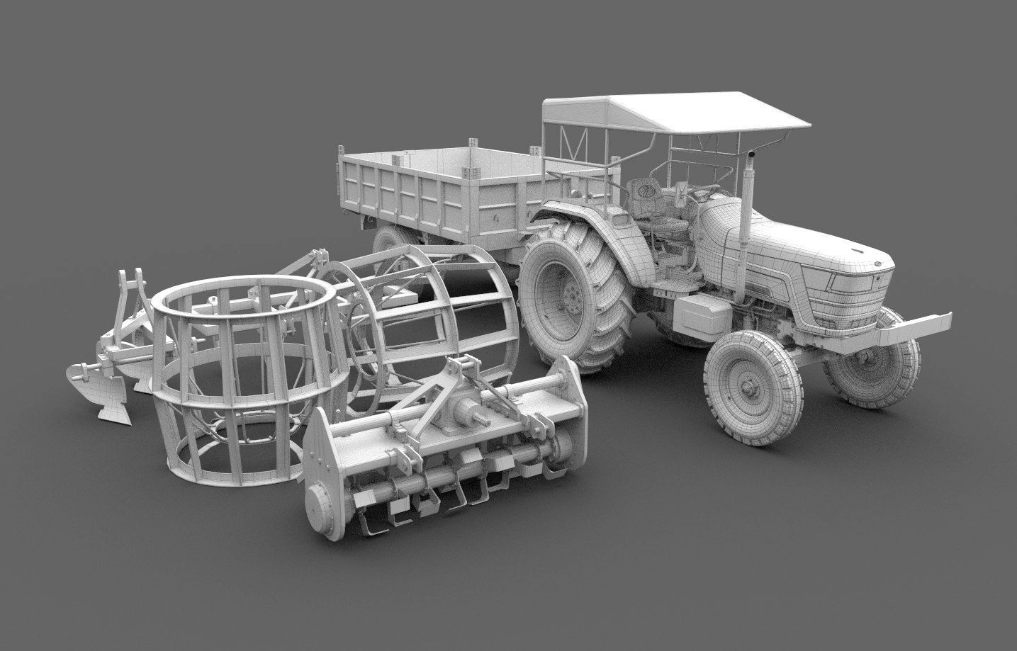 Mahindra 605 DI Tractor with attachments 3D model_4