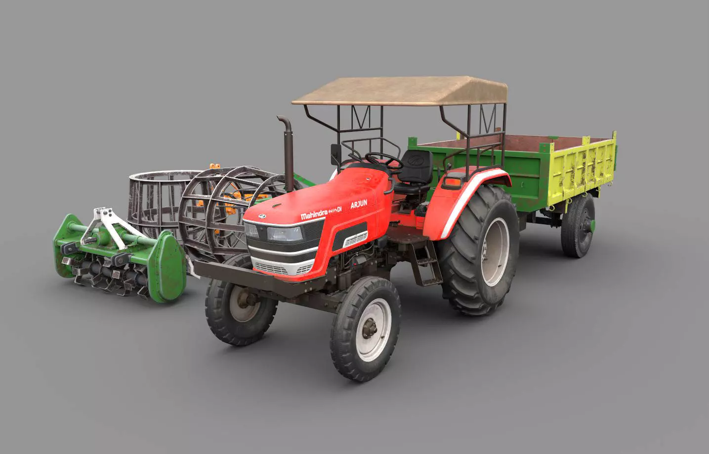 Mahindra 605 DI Tractor with attachments 3D model_0