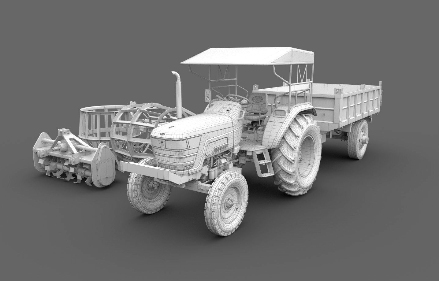 Mahindra 605 DI Tractor with attachments 3D model_3