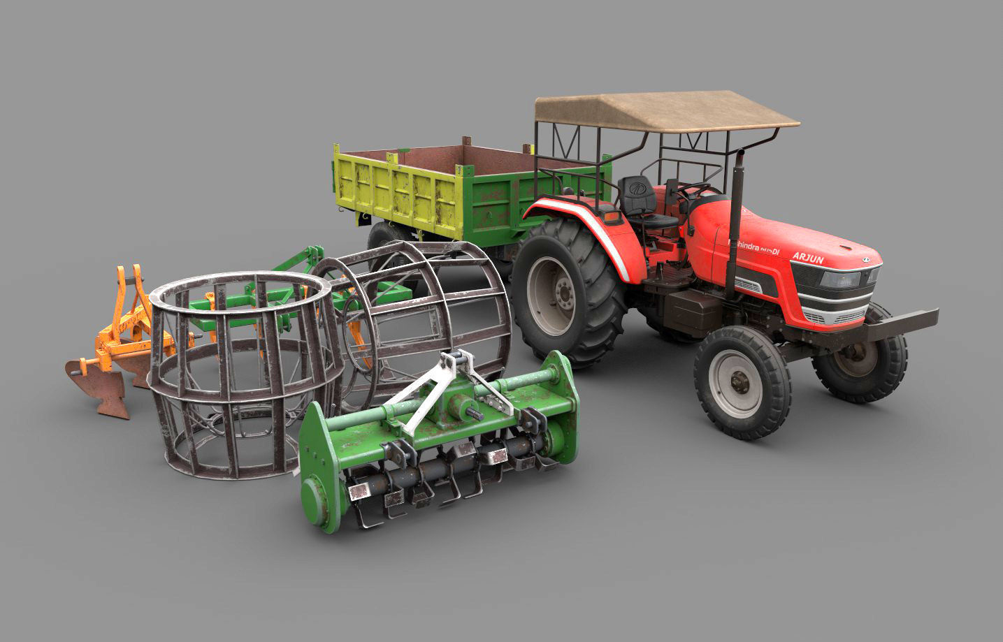 Mahindra 605 DI Tractor with attachments 3D model_1