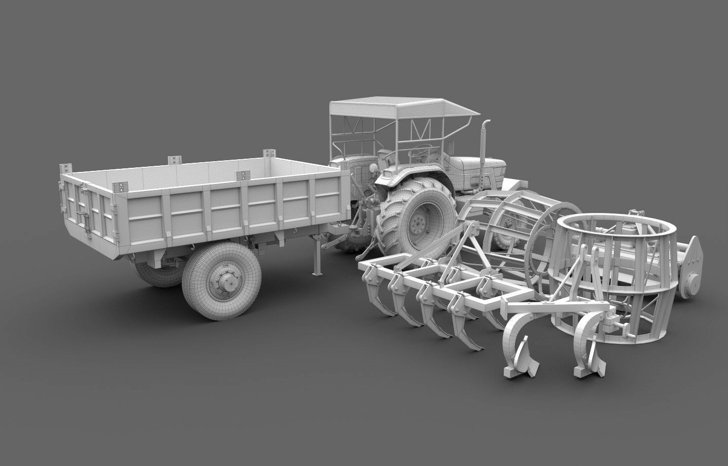 Mahindra 605 DI Tractor with attachments 3D model_5