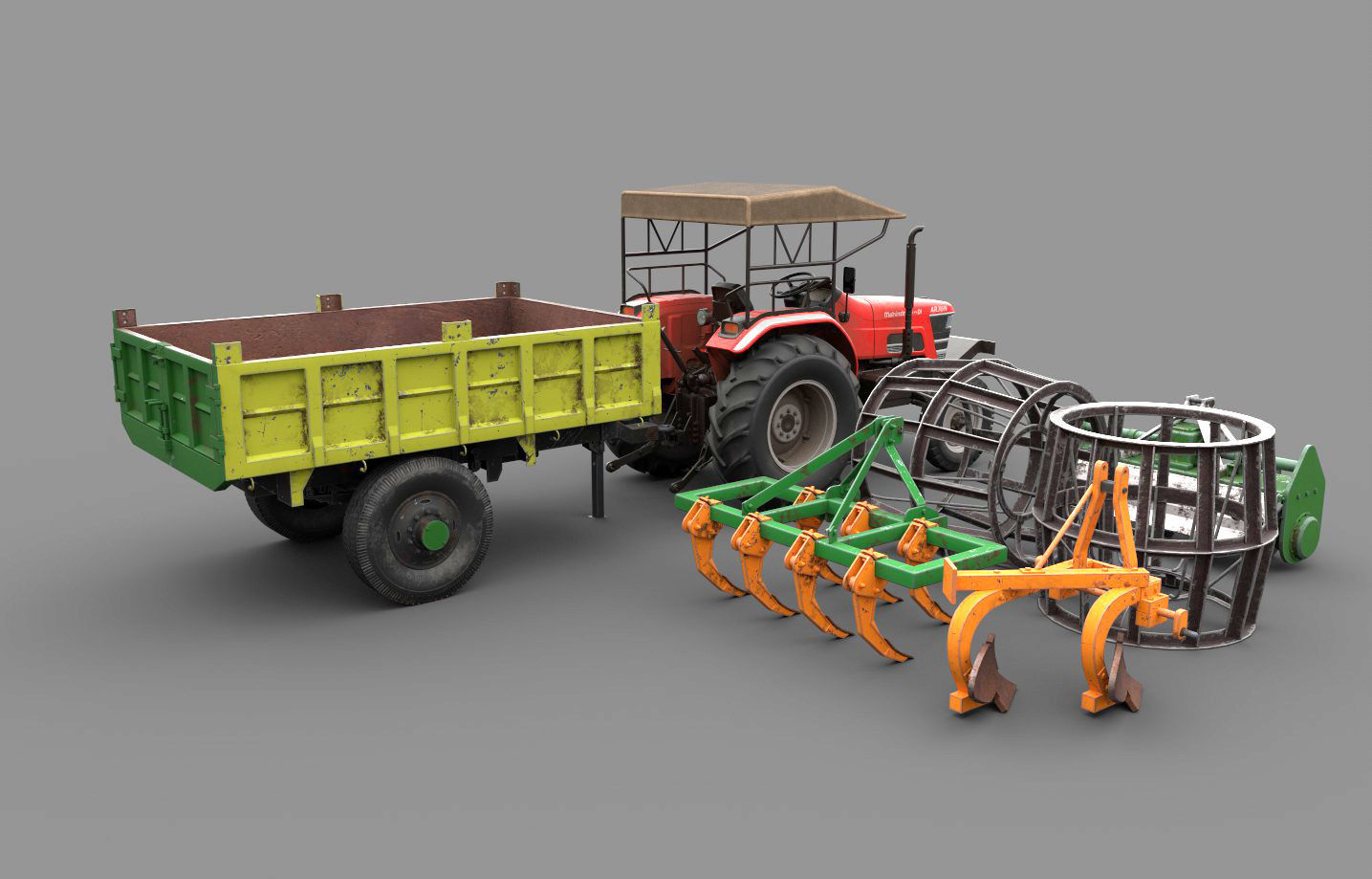 Mahindra 605 DI Tractor with attachments 3D model_2