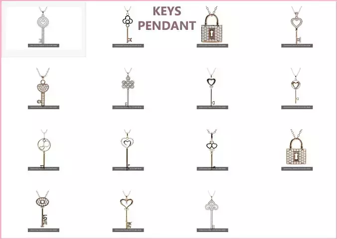 14 Diamond Keys Pendant 3dm stl renders details 3D Model Collection