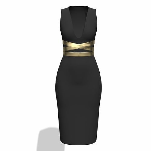 Evening black dress with gold belt 