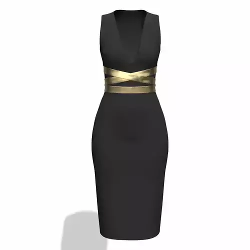 Evening black dress with gold belt  Low-poly 3D model
