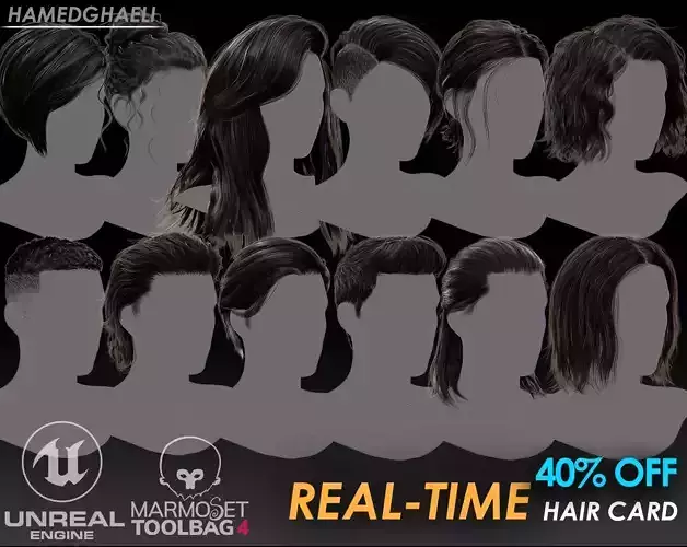 12 High Quality Real Time Hair Cards Male and Female 3D Model Collection