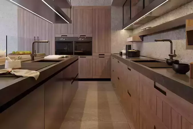 Arclinea - Principia Convivium - Timber Marble L-Shape Kitchen 3D model