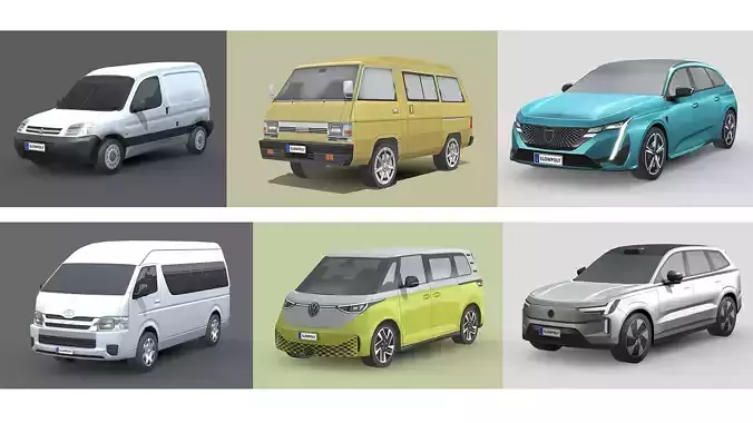 Low-Poly Car Pack 009 - Versatile Vans 3D Model Collection