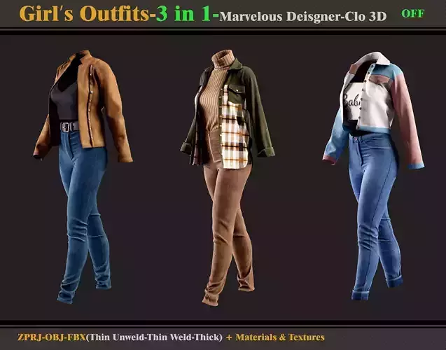 3 in 1 Girls Outfits- MD-Clo3d -OBJ - FBX -Materials-Textures
