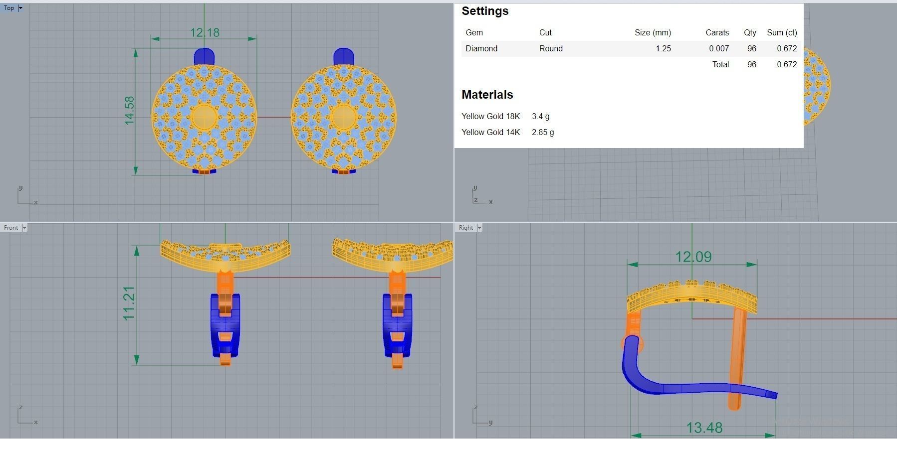 Circular  Diamond Head Light Wt Earrings 3dm stl renders details 3D print model_12